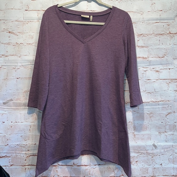 LOGO Lori Goldstein S purple tunic high low hem vneck knit top pocket 3/4 sleeve - Picture 1 of 8